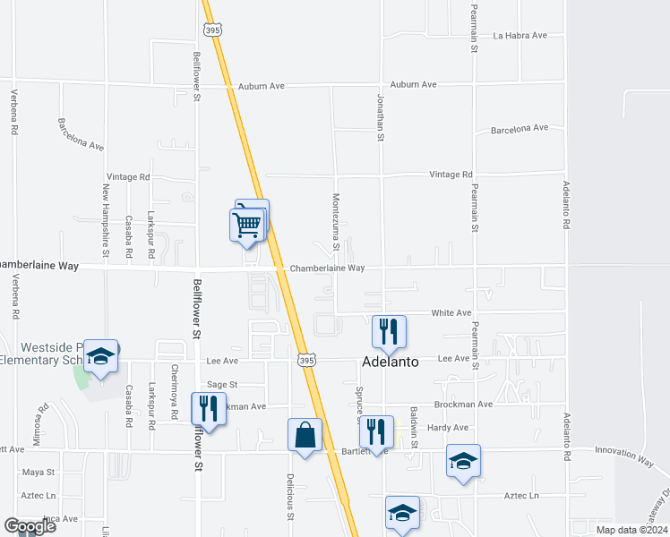 map of restaurants, bars, coffee shops, grocery stores, and more near 18498 Montezuma Street in Adelanto