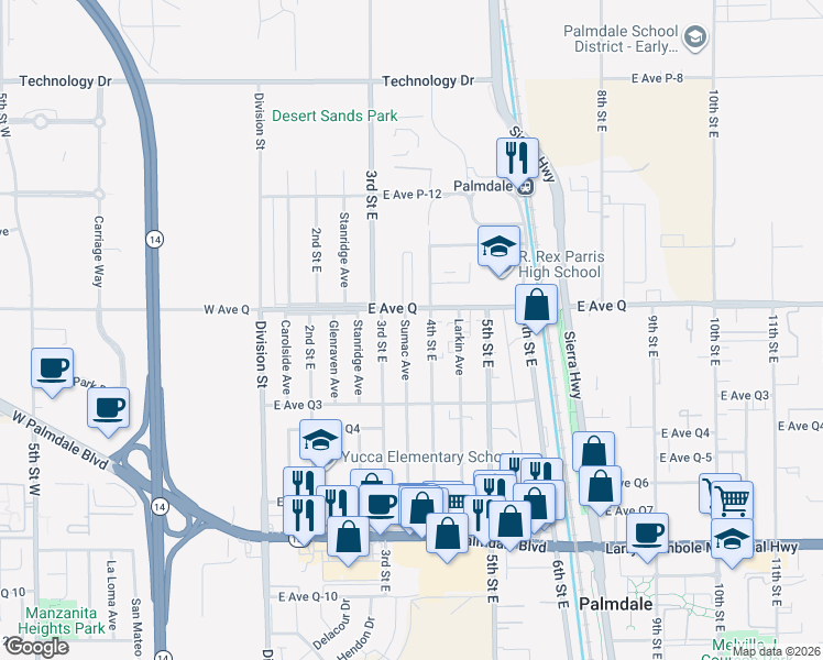 map of restaurants, bars, coffee shops, grocery stores, and more near 38732 Sumac Avenue in Palmdale