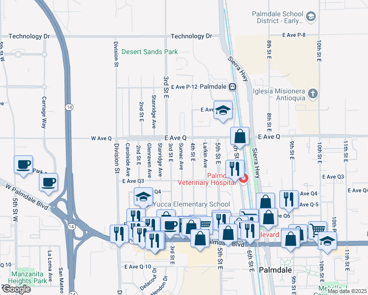 map of restaurants, bars, coffee shops, grocery stores, and more near 38732 Sumac Avenue in Palmdale