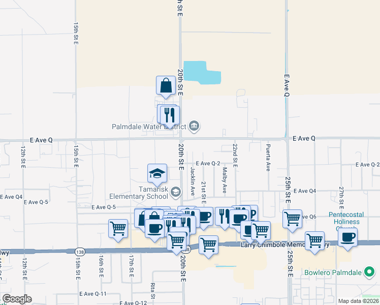 map of restaurants, bars, coffee shops, grocery stores, and more near 38725 Jacklin Avenue in Palmdale