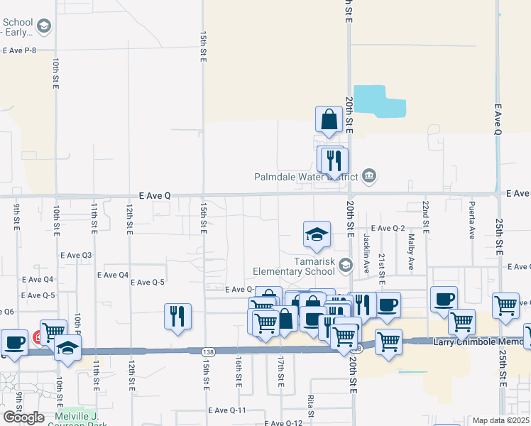 map of restaurants, bars, coffee shops, grocery stores, and more near 38756 16th Place East in Palmdale