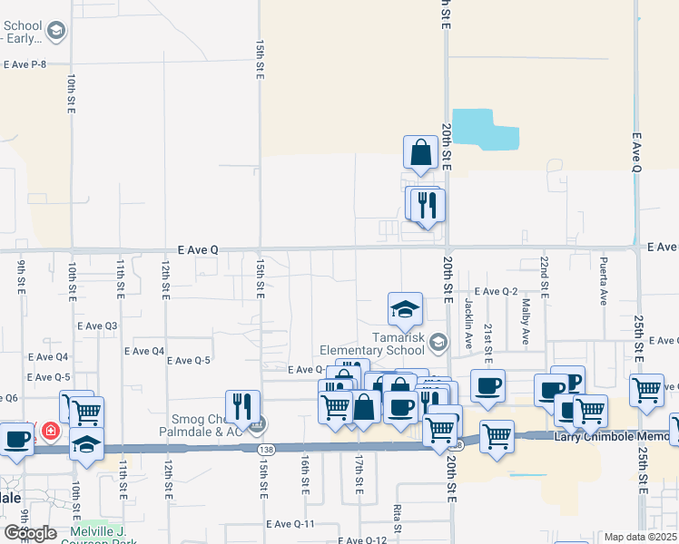 map of restaurants, bars, coffee shops, grocery stores, and more near 38756 16th Place East in Palmdale