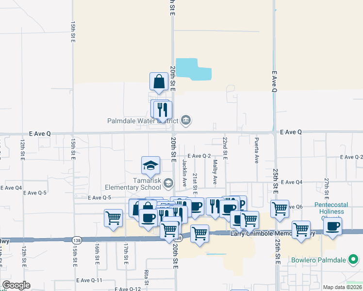 map of restaurants, bars, coffee shops, grocery stores, and more near 38725 Jacklin Avenue in Palmdale