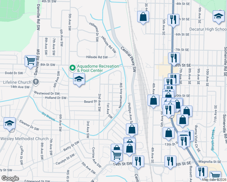 map of restaurants, bars, coffee shops, grocery stores, and more near 115 Daniel Street Southwest in Decatur