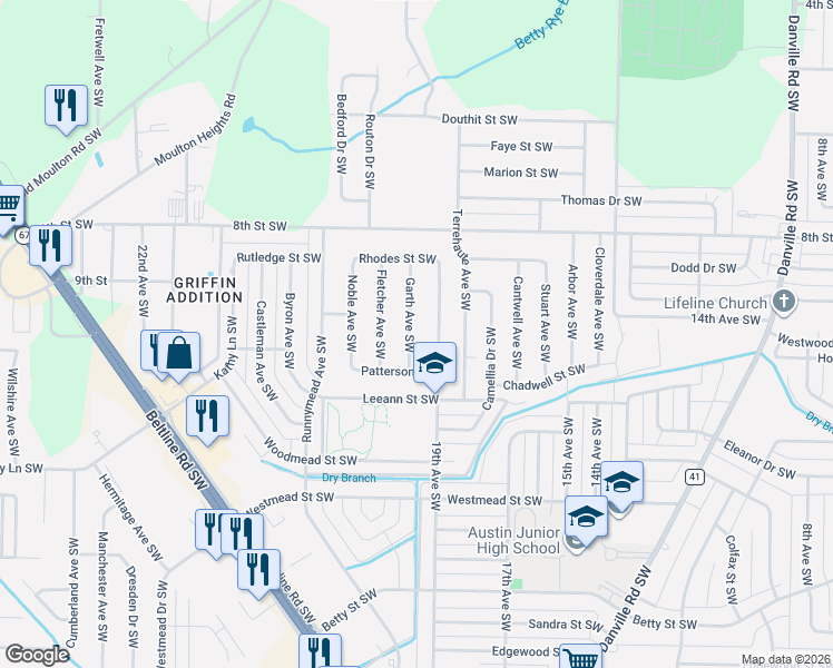map of restaurants, bars, coffee shops, grocery stores, and more near 1302 Garth Avenue Southwest in Decatur