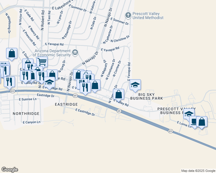 map of restaurants, bars, coffee shops, grocery stores, and more near 3028 North Constance Drive in Prescott Valley