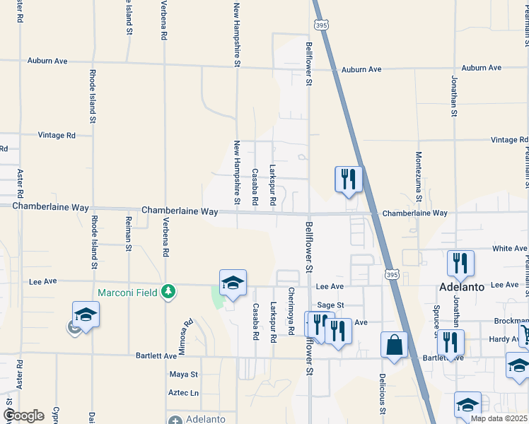 map of restaurants, bars, coffee shops, grocery stores, and more near 18505 Casaba Road in Adelanto