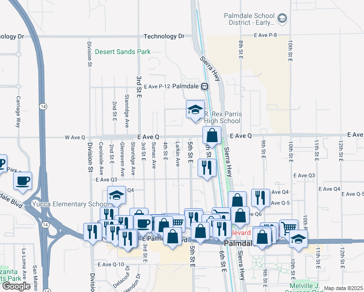 map of restaurants, bars, coffee shops, grocery stores, and more near 38756 Larkin Avenue in Palmdale