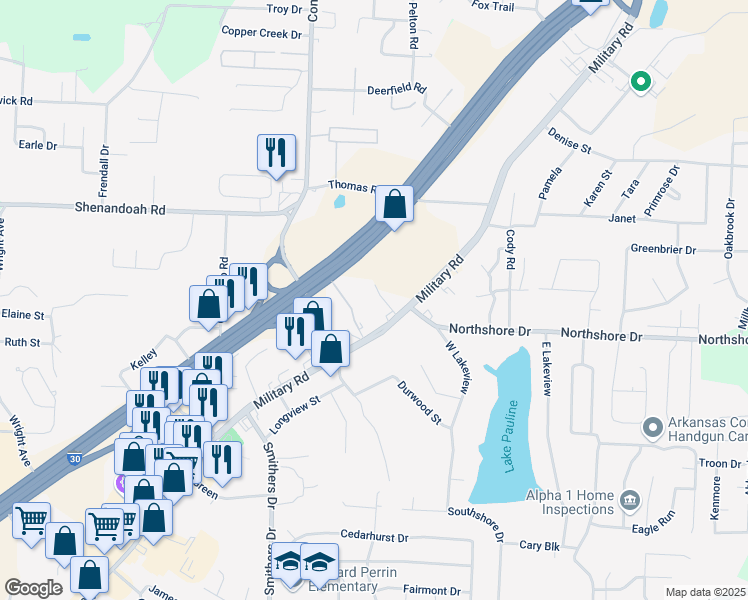 map of restaurants, bars, coffee shops, grocery stores, and more near 2408 Military Road in Benton
