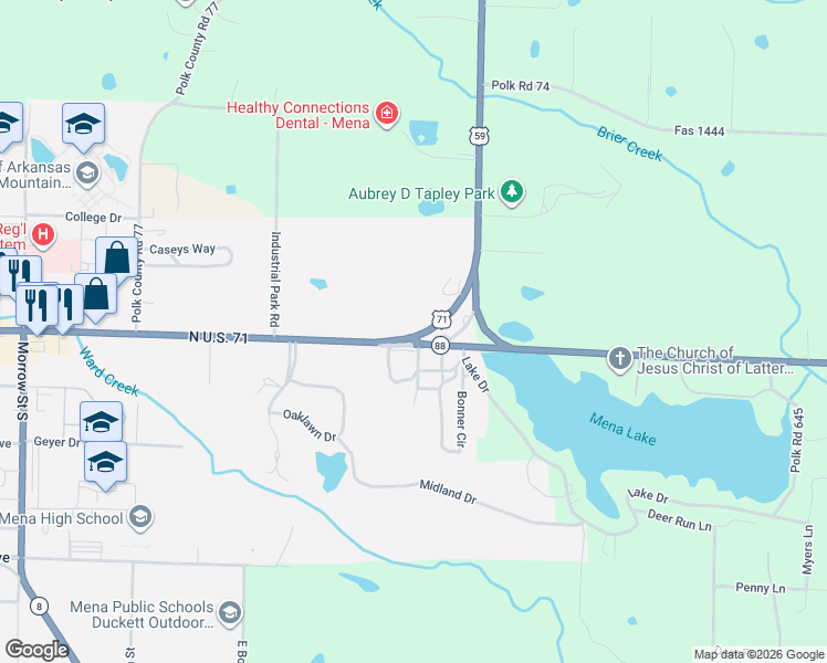 map of restaurants, bars, coffee shops, grocery stores, and more near 2121 U.S. 71 in Mena
