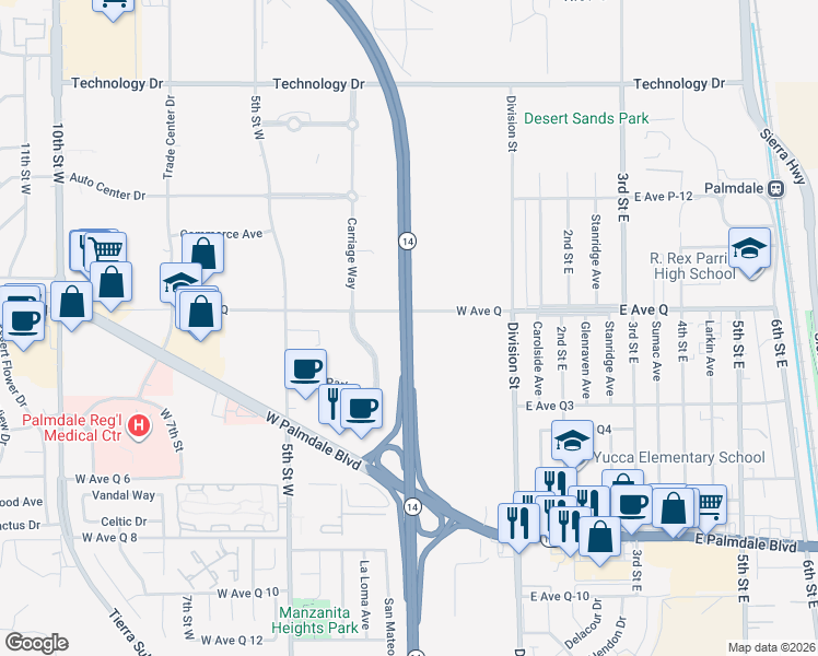map of restaurants, bars, coffee shops, grocery stores, and more near Antelope Valley Freeway in Palmdale