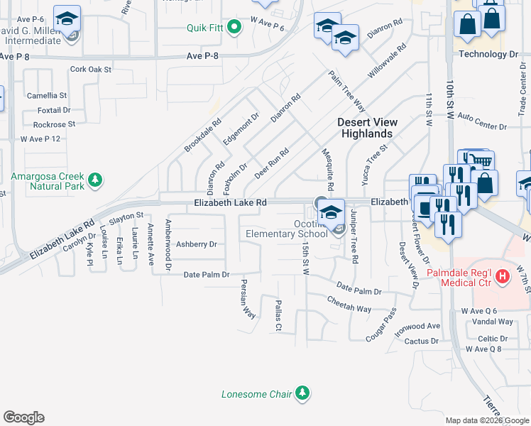 map of restaurants, bars, coffee shops, grocery stores, and more near 38742 Panther Drive in Palmdale