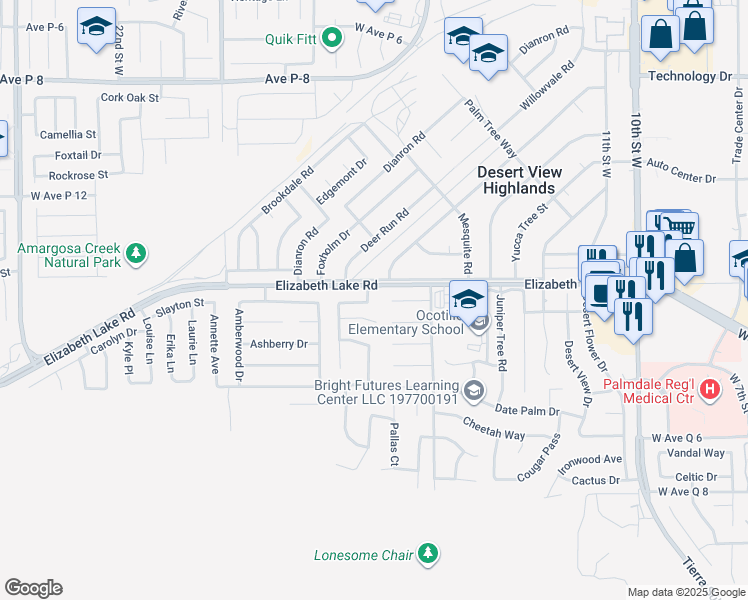 map of restaurants, bars, coffee shops, grocery stores, and more near 38742 Panther Drive in Palmdale