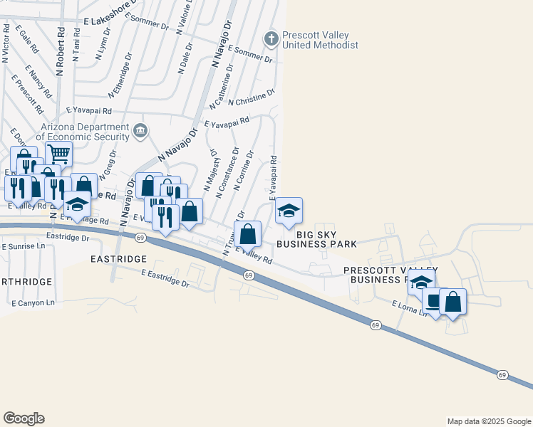map of restaurants, bars, coffee shops, grocery stores, and more near 3039 North Golden Way in Prescott Valley