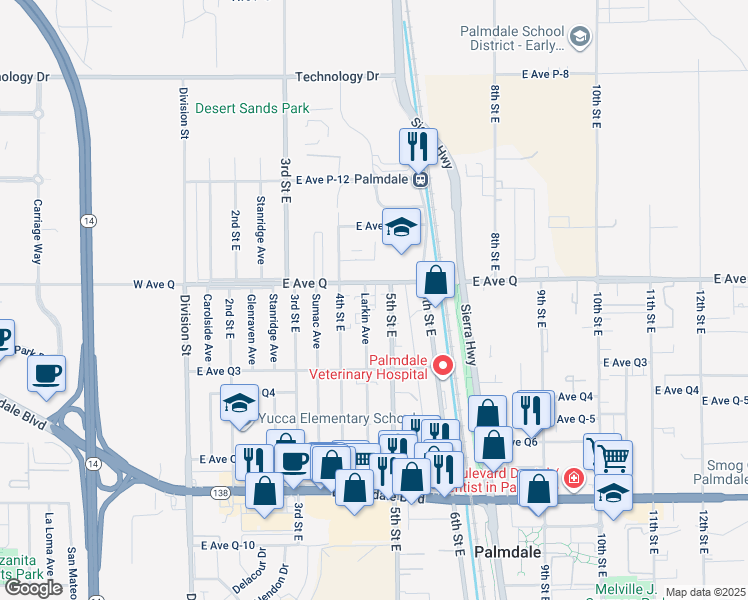 map of restaurants, bars, coffee shops, grocery stores, and more near 38756 Larkin Avenue in Palmdale