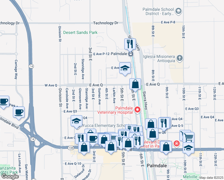 map of restaurants, bars, coffee shops, grocery stores, and more near 38756 Larkin Avenue in Palmdale
