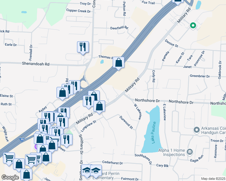 map of restaurants, bars, coffee shops, grocery stores, and more near 2408 Military Road in Benton