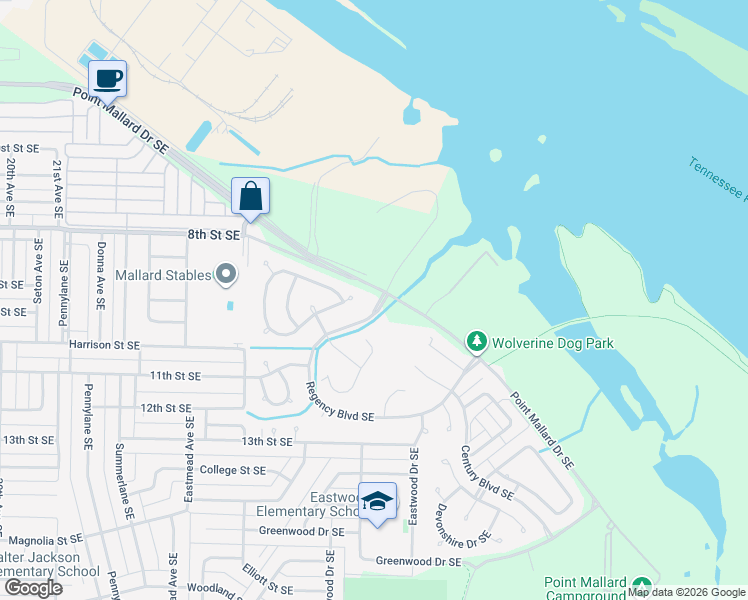 map of restaurants, bars, coffee shops, grocery stores, and more near 1201 Regency Boulevard Southeast in Decatur