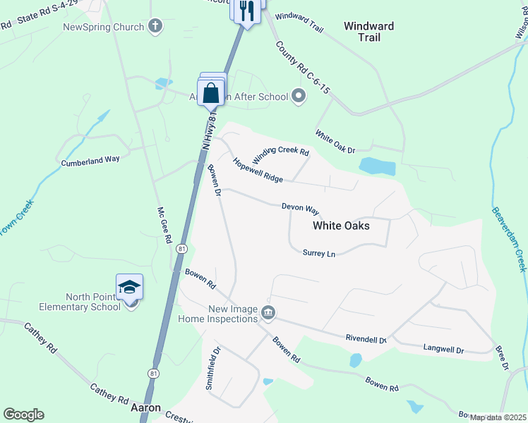 map of restaurants, bars, coffee shops, grocery stores, and more near 112 Devon Way in Anderson