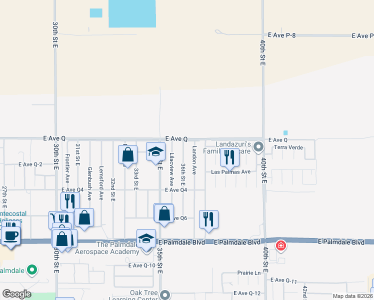 map of restaurants, bars, coffee shops, grocery stores, and more near 38750 36th Street East in Palmdale