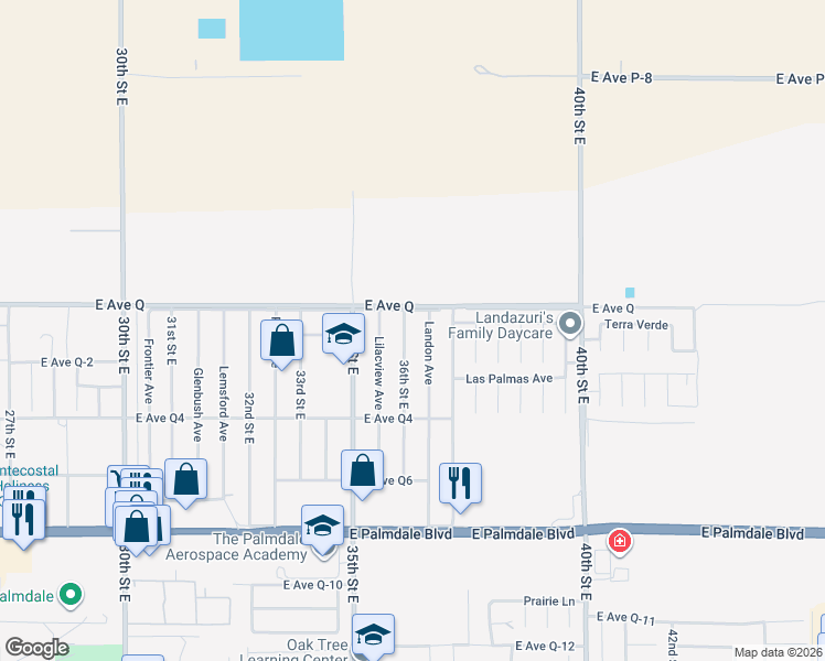 map of restaurants, bars, coffee shops, grocery stores, and more near 38738 36th Street East in Palmdale