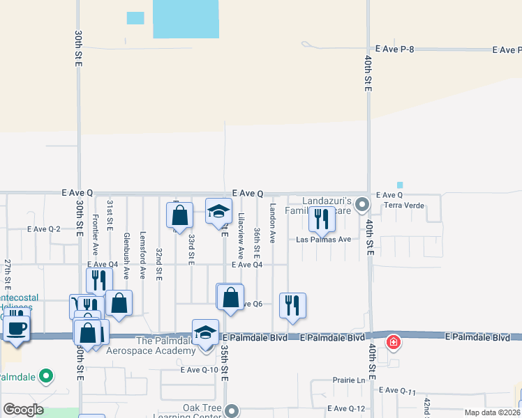 map of restaurants, bars, coffee shops, grocery stores, and more near 38738 36th Street East in Palmdale