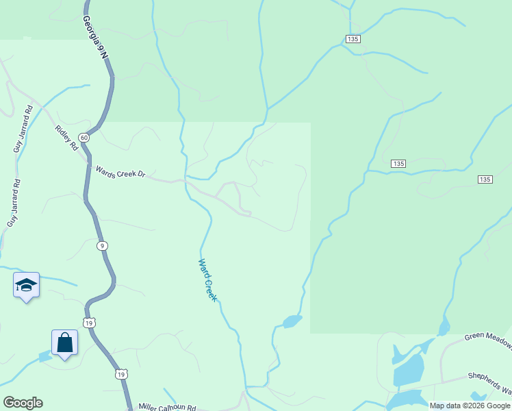 map of restaurants, bars, coffee shops, grocery stores, and more near 657 Wards Creek Drive in Dahlonega