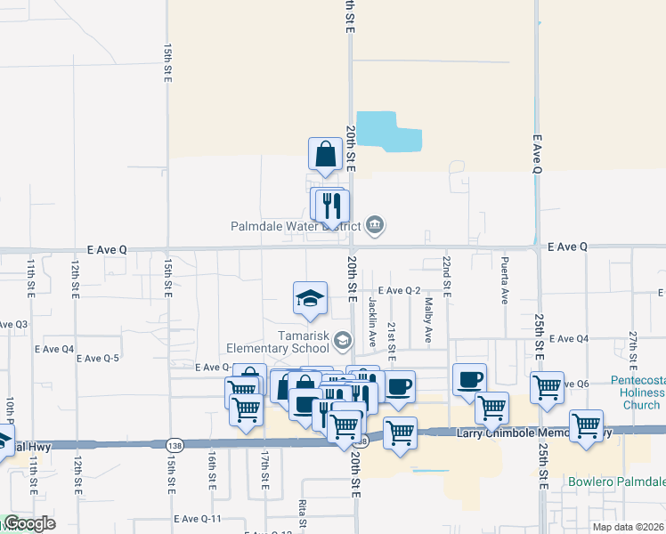 map of restaurants, bars, coffee shops, grocery stores, and more near East Avenue Q in Palmdale