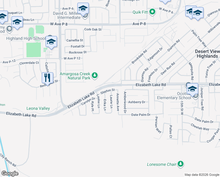 map of restaurants, bars, coffee shops, grocery stores, and more near 2045 Slayton Street in Palmdale