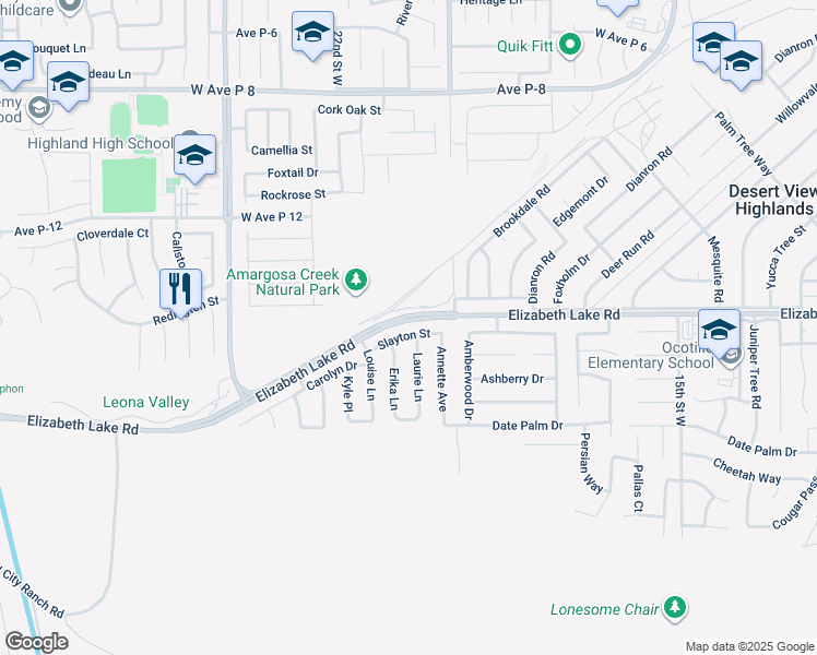 map of restaurants, bars, coffee shops, grocery stores, and more near 2101 Slayton Street in Palmdale