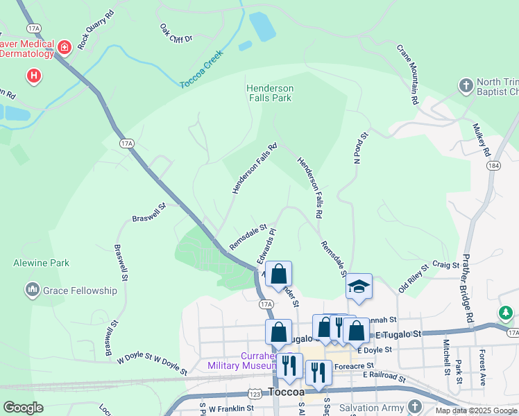 map of restaurants, bars, coffee shops, grocery stores, and more near 32 Windward Way in Toccoa