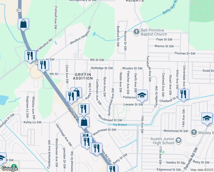map of restaurants, bars, coffee shops, grocery stores, and more near 1301 Runnymead Avenue Southwest in Decatur