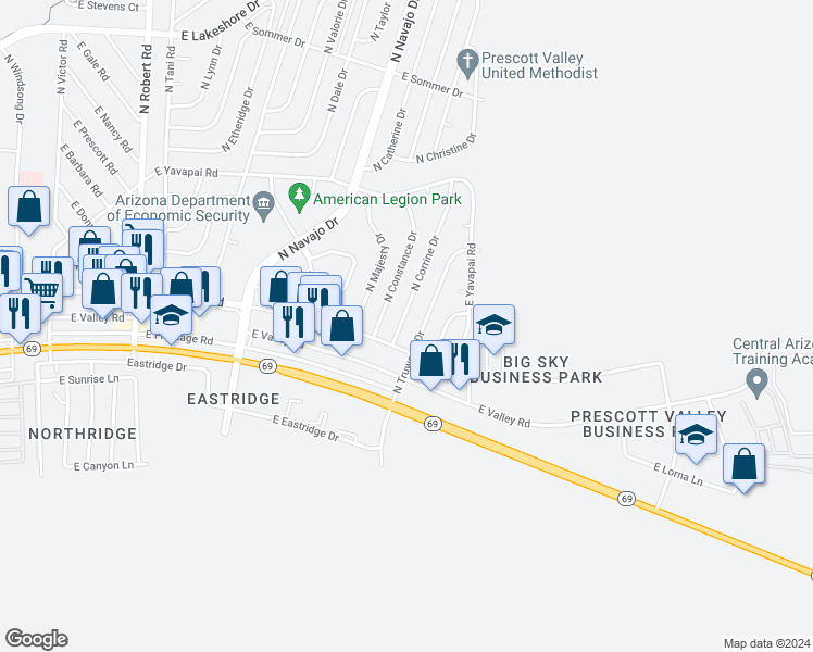 map of restaurants, bars, coffee shops, grocery stores, and more near 3028 North Truwood Drive in Prescott Valley