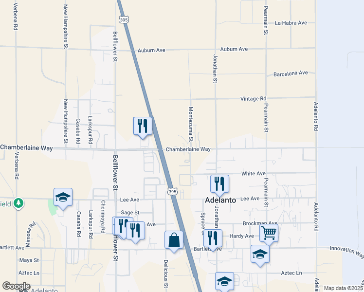 map of restaurants, bars, coffee shops, grocery stores, and more near 11568 Chamberlaine Way in Adelanto
