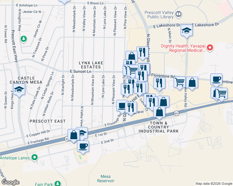 map of restaurants, bars, coffee shops, grocery stores, and more near 3049 North Pleasant View Drive in Prescott Valley