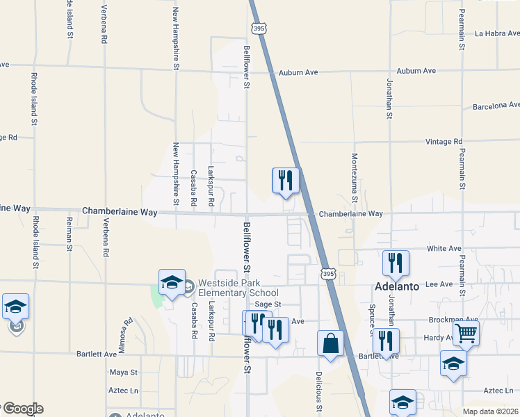 map of restaurants, bars, coffee shops, grocery stores, and more near 11382 Chamberlaine Way in Adelanto