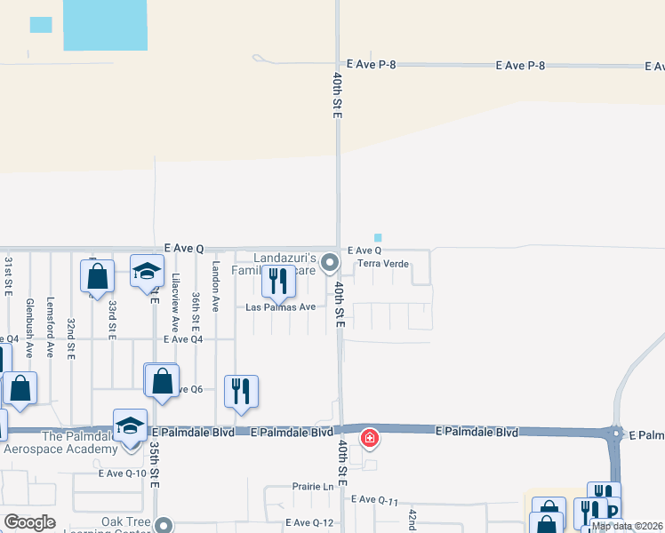 map of restaurants, bars, coffee shops, grocery stores, and more near 3851 Sonora Way in Palmdale