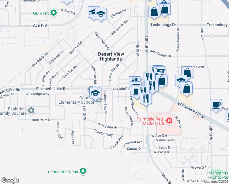 map of restaurants, bars, coffee shops, grocery stores, and more near 38756 Yucca Tree Street in Palmdale