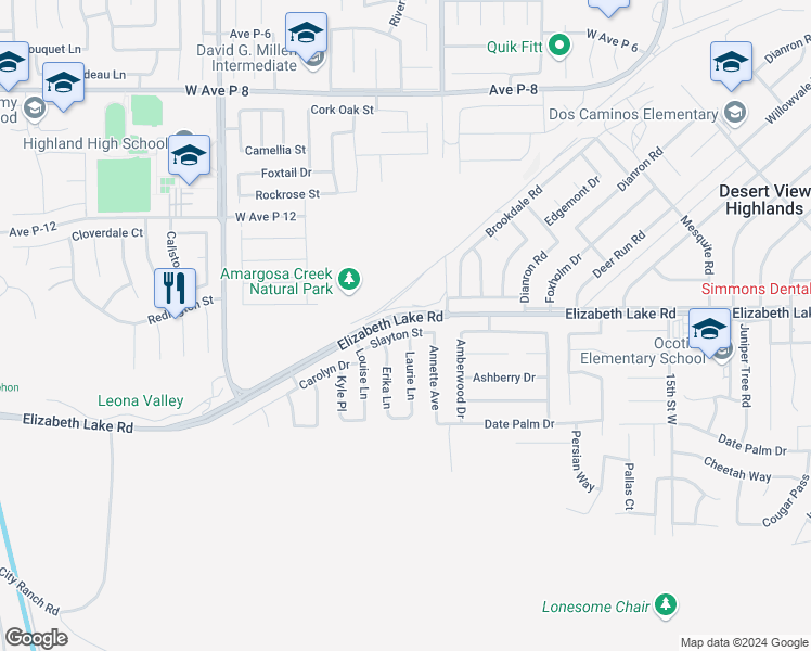 map of restaurants, bars, coffee shops, grocery stores, and more near 2045 Slayton Street in Palmdale