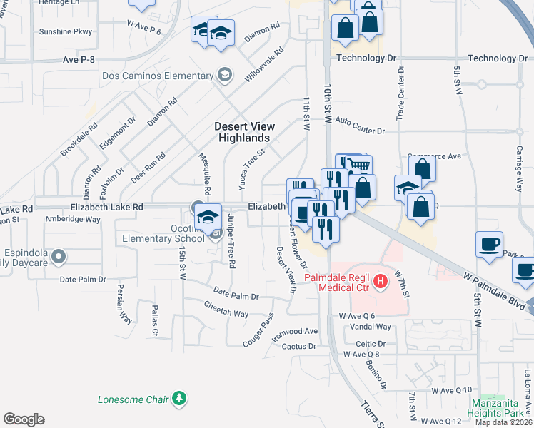 map of restaurants, bars, coffee shops, grocery stores, and more near 38750 Sage Tree Street in Palmdale