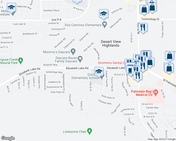 map of restaurants, bars, coffee shops, grocery stores, and more near 1511 Tigertail Court in Palmdale