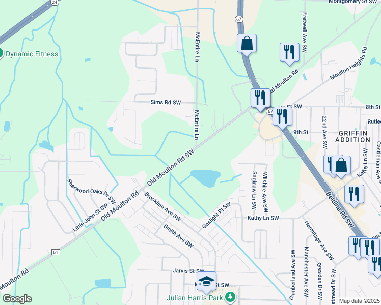 map of restaurants, bars, coffee shops, grocery stores, and more near 2515 Old Moulton Road Southwest in Decatur