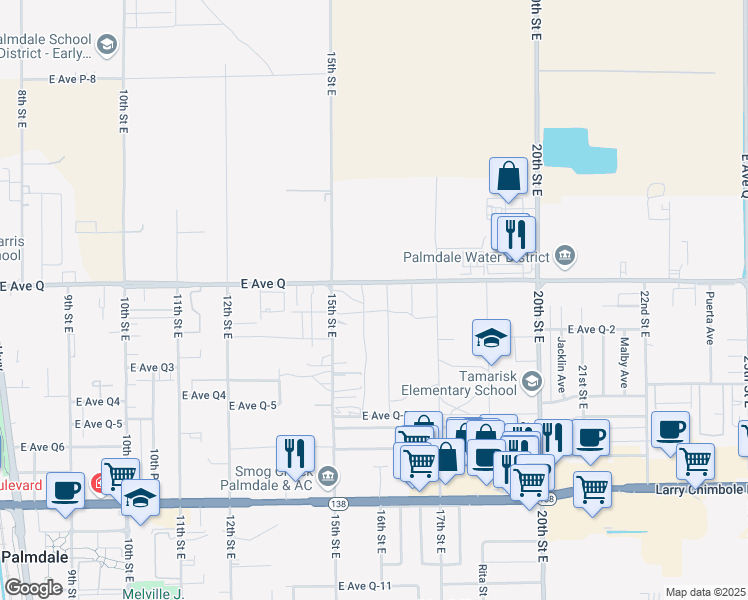 map of restaurants, bars, coffee shops, grocery stores, and more near East Avenue Q in Palmdale