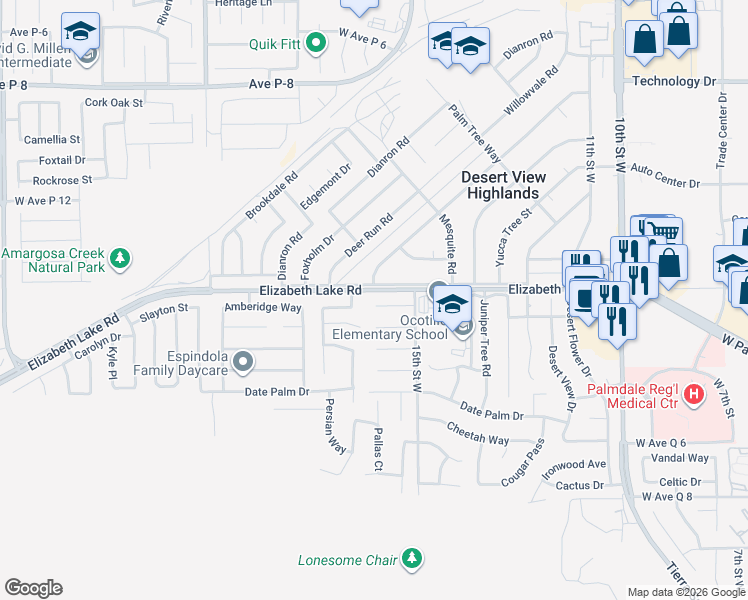 map of restaurants, bars, coffee shops, grocery stores, and more near 1551 Tigertail Court in Palmdale
