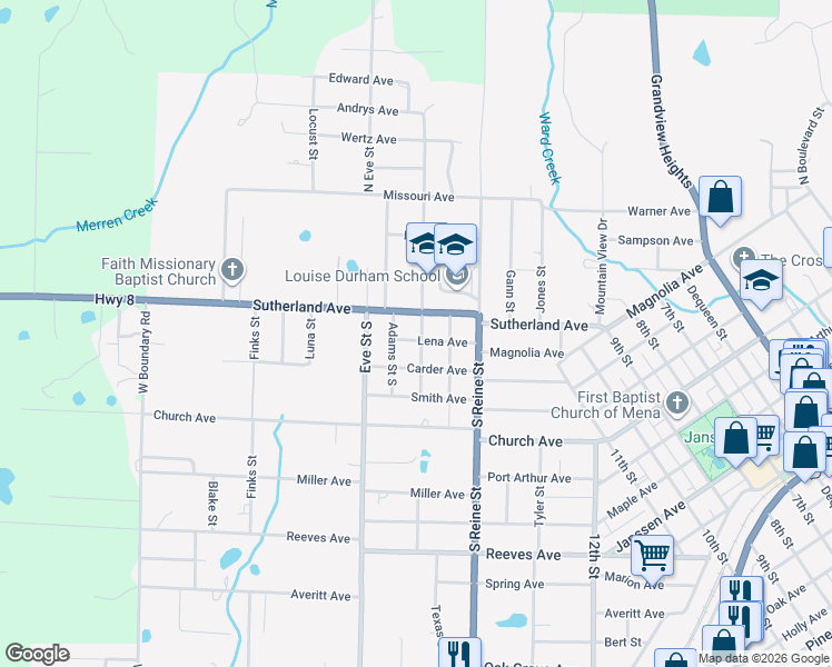 map of restaurants, bars, coffee shops, grocery stores, and more near 155 Polk Street South in Mena
