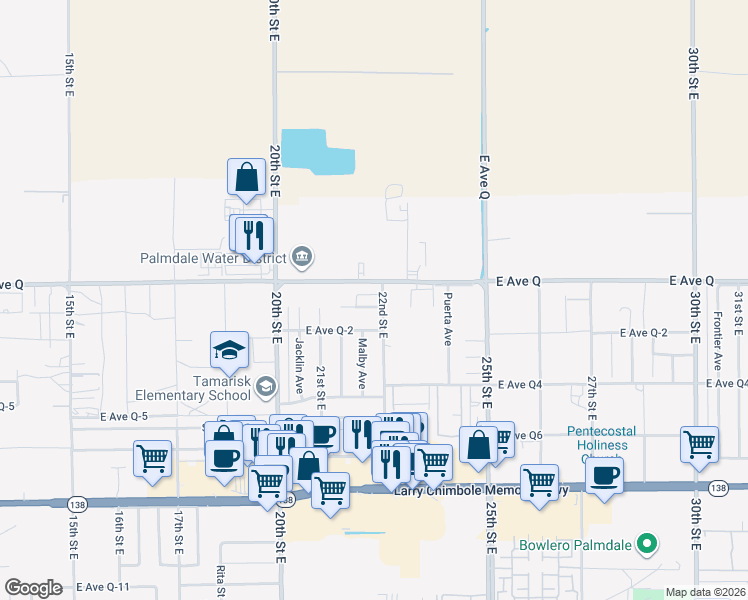map of restaurants, bars, coffee shops, grocery stores, and more near in Palmdale