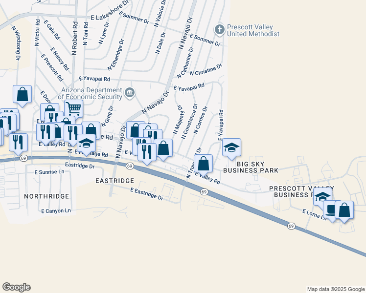 map of restaurants, bars, coffee shops, grocery stores, and more near 3028 North Constance Drive in Prescott Valley