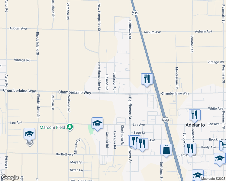 map of restaurants, bars, coffee shops, grocery stores, and more near 18505 Casaba Road in Adelanto