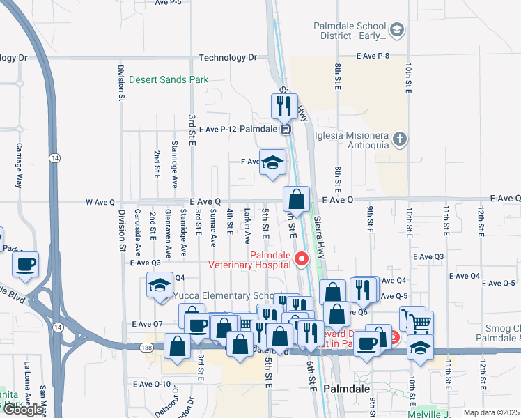 map of restaurants, bars, coffee shops, grocery stores, and more near in Palmdale