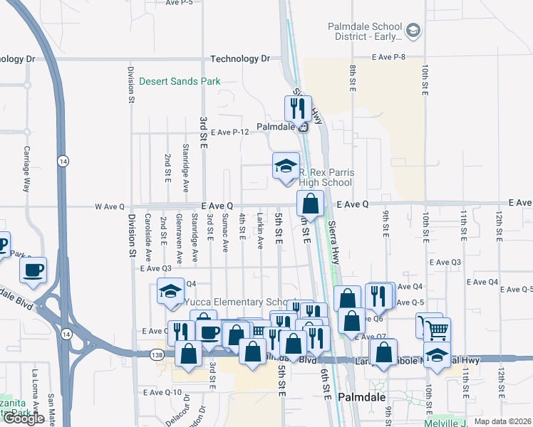 map of restaurants, bars, coffee shops, grocery stores, and more near 38756 Larkin Avenue in Palmdale
